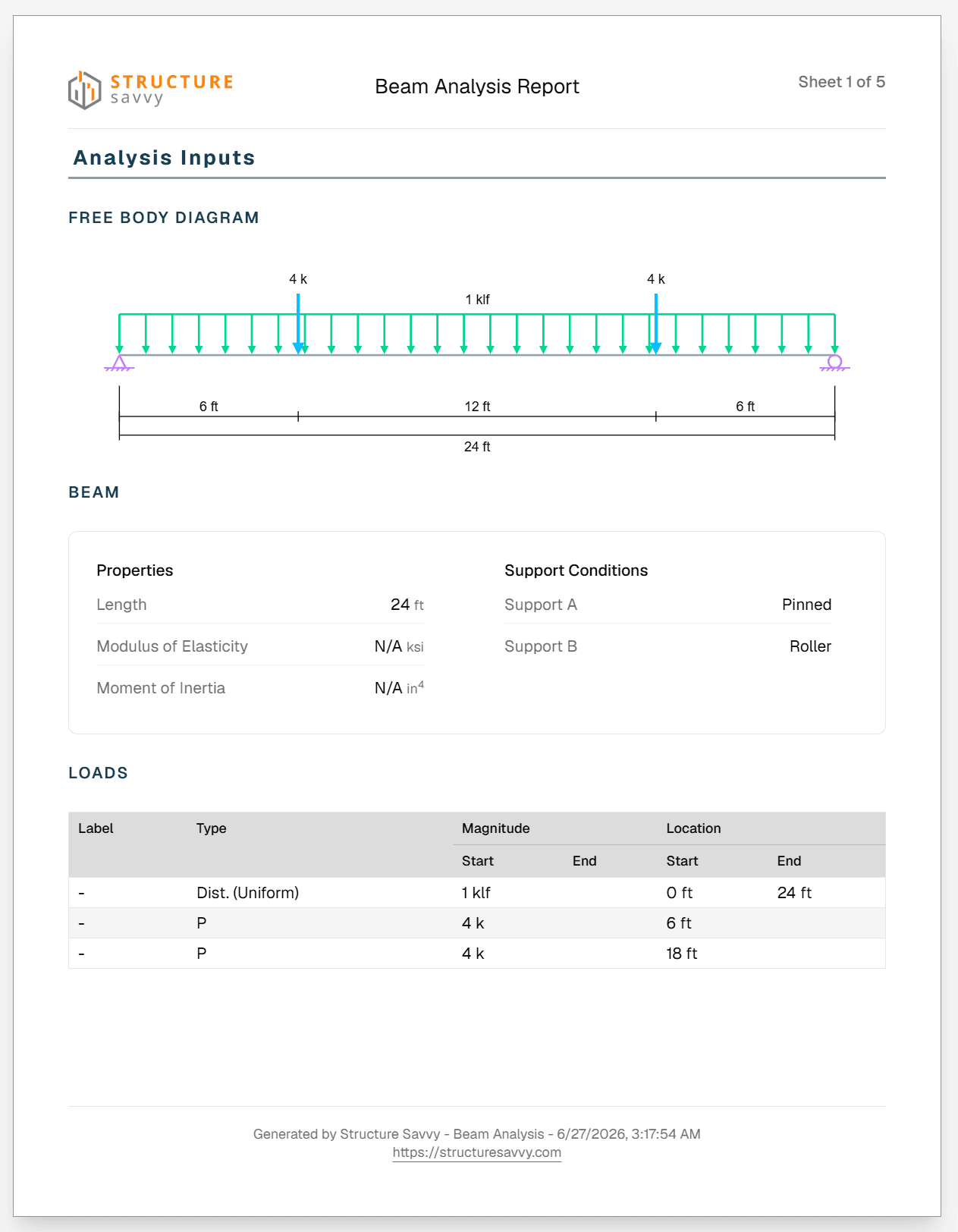 Screenshot: Print preview showing the first sheet with the free body diagram and analysis input table.